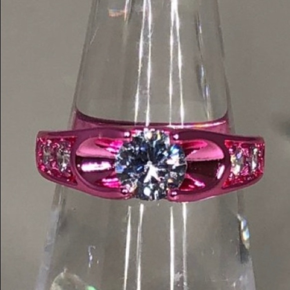 Pink Gold Tone Ring w Simulated Round Diamonds